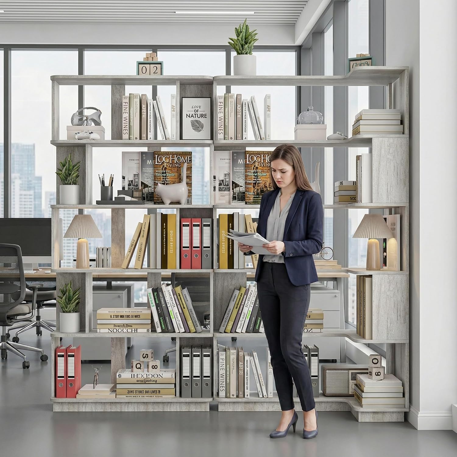 Corner Bookshelf, L Shaped, Set of 2, Light Grey | Modular Geometric Design, Large Storage Display, Freestanding Wooden Unit, For Living Room Home Office