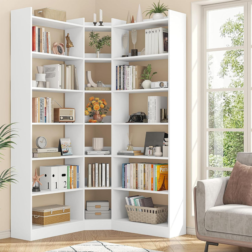 Nosepen 70.8' Tall Corner Bookshelf and Bookcases, 7 Tiers Morden Large Etagere Bookcases Storage Display Rack with Baffle, Industrial L Shaped Bookshelves for Bedroom, Home Office, Living Room, White