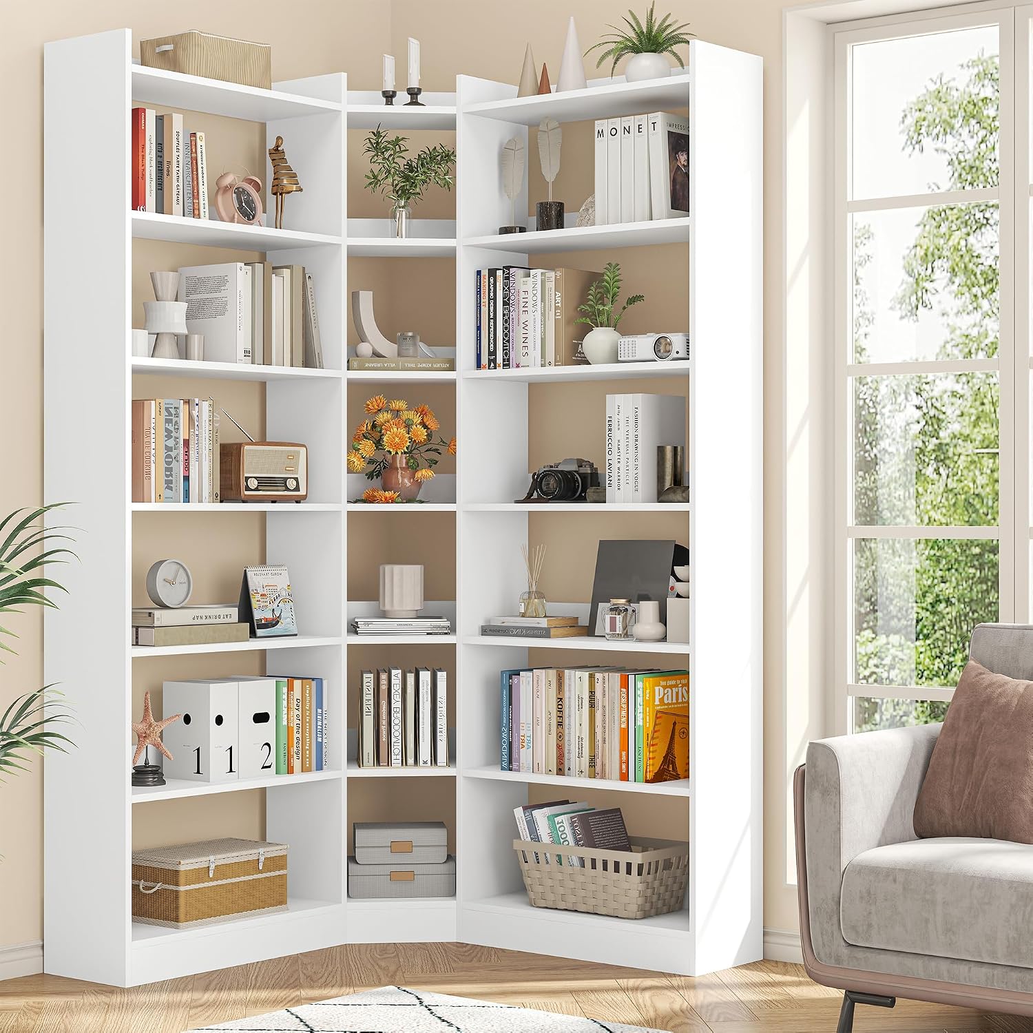 Nosepen 70.8' Tall Corner Bookshelf and Bookcases, 7 Tiers Morden Large Etagere Bookcases Storage Display Rack with Baffle, Industrial L Shaped Bookshelves for Bedroom, Home Office, Living Room, White