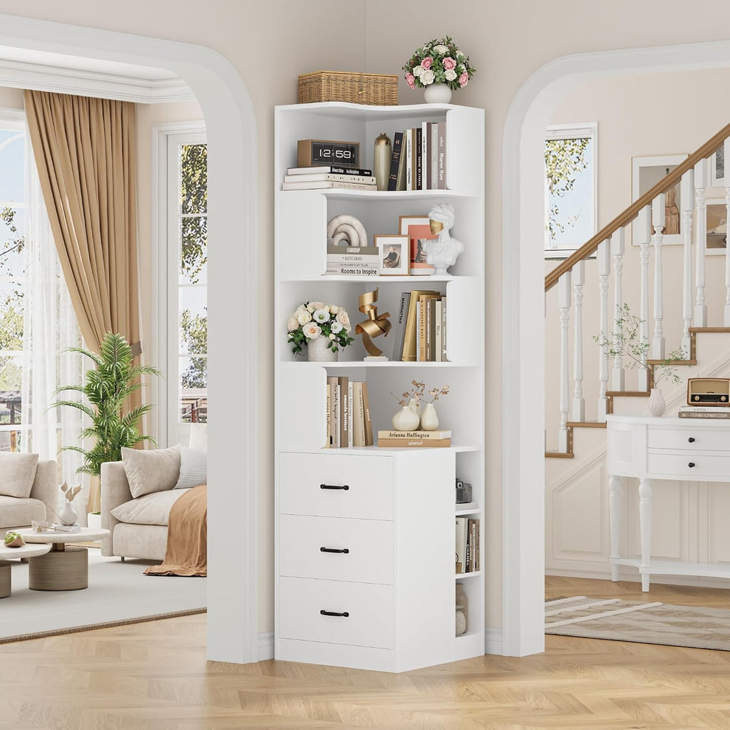 FACBOTALL 76.8' Corner Bookshelf with 3 Drawers and 3 Side Storage Cubbies, L Shaped Tall Bookshelf and Bookcase, 4 Tier Corner Bookcase, Wood Narrow Book Shelf for Living Room, Office, White
