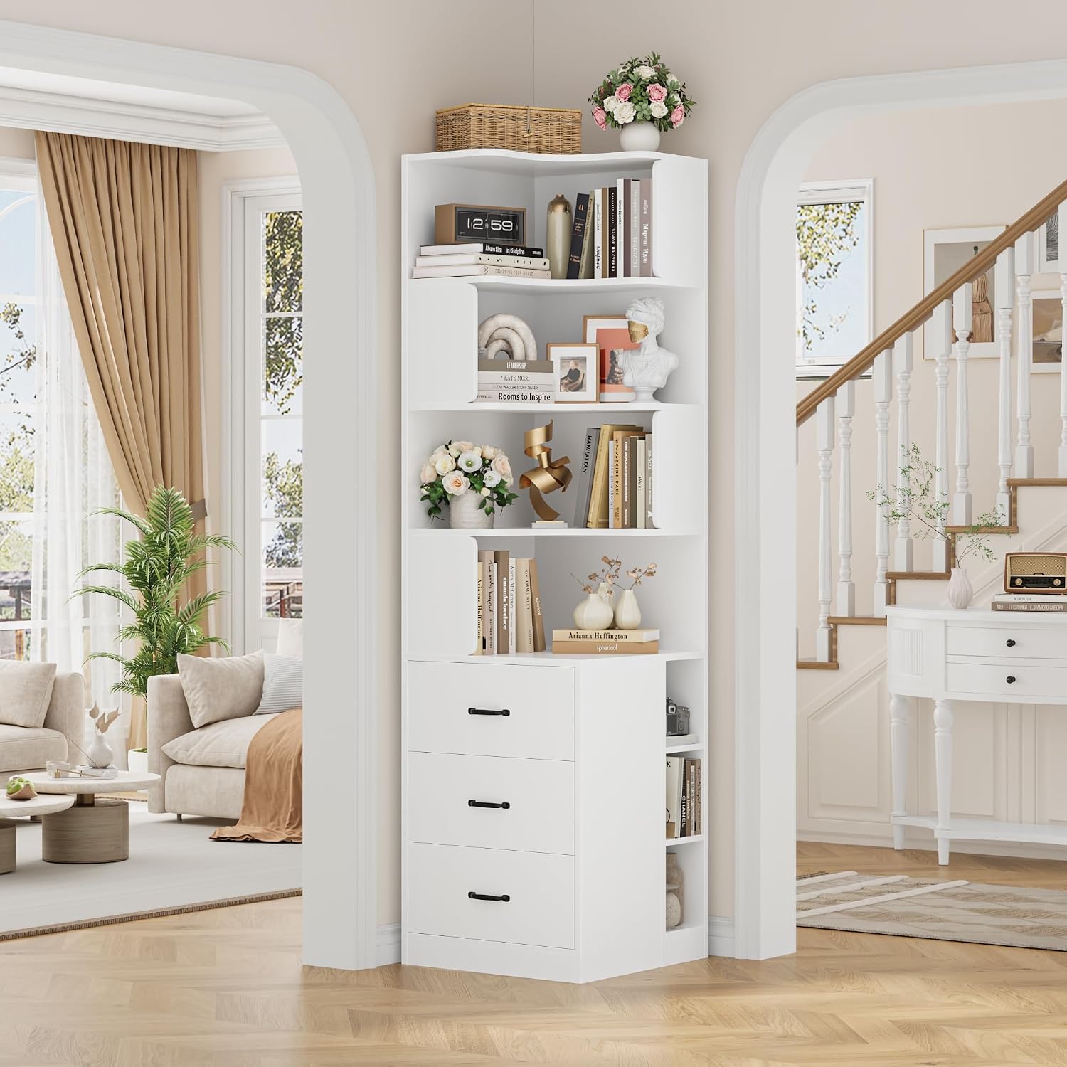 FACBOTALL 76.8' Corner Bookshelf with 3 Drawers and 3 Side Storage Cubbies, L Shaped Tall Bookshelf and Bookcase, 4 Tier Corner Bookcase, Wood Narrow Book Shelf for Living Room, Office, White