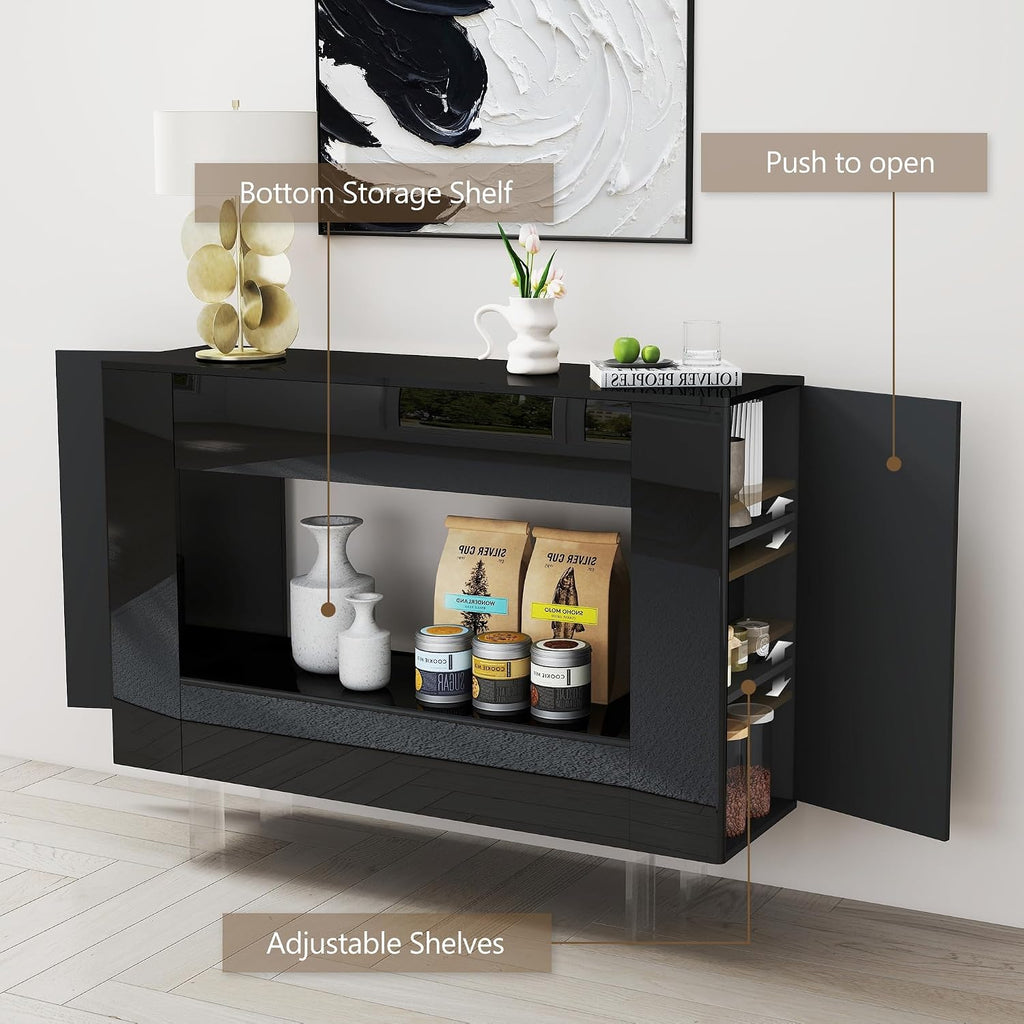 High Gloss Console Table with Hidden Side Storage Cabinets, Adjustable Shelves, Black Modern Black Entryway Sofa Table for Behind The Couch, Living Room, Hallway,