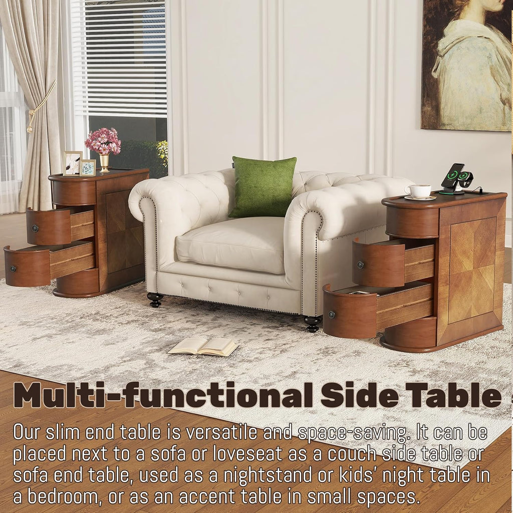 End Tables Living Room, Wood Sofa Side Table with Charging Station,Vintage Narrow Nightstand with 2 Drawers,Couch Accent Tables for Small Spaces,Bedroom, Fully Assembled,Brown
