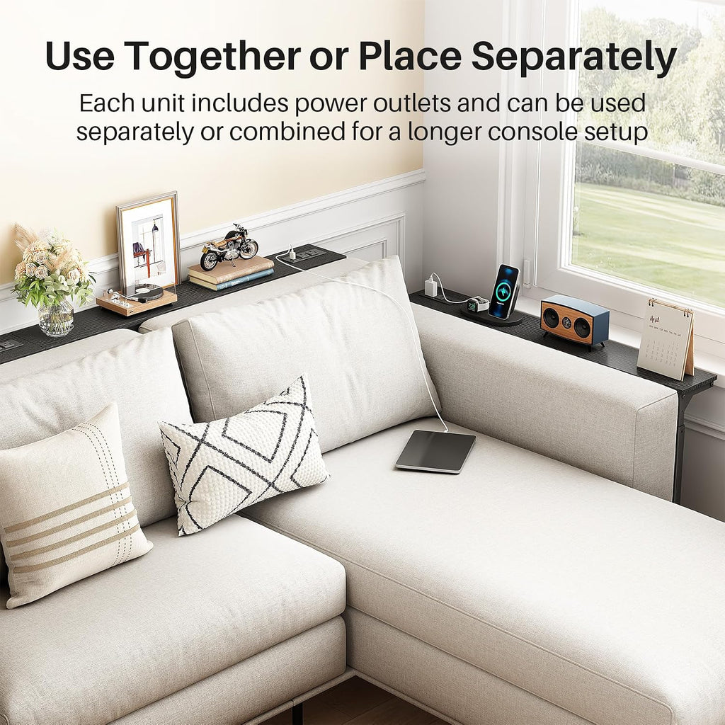 Kitstorack 2-Pack Black Console Table, 7.9' Deep Panel, Adjustable Height (25'-33') & with 2 Power Outlets, Behind Sofa Couch Table, Use Together or Separately - 78.8' Total Long