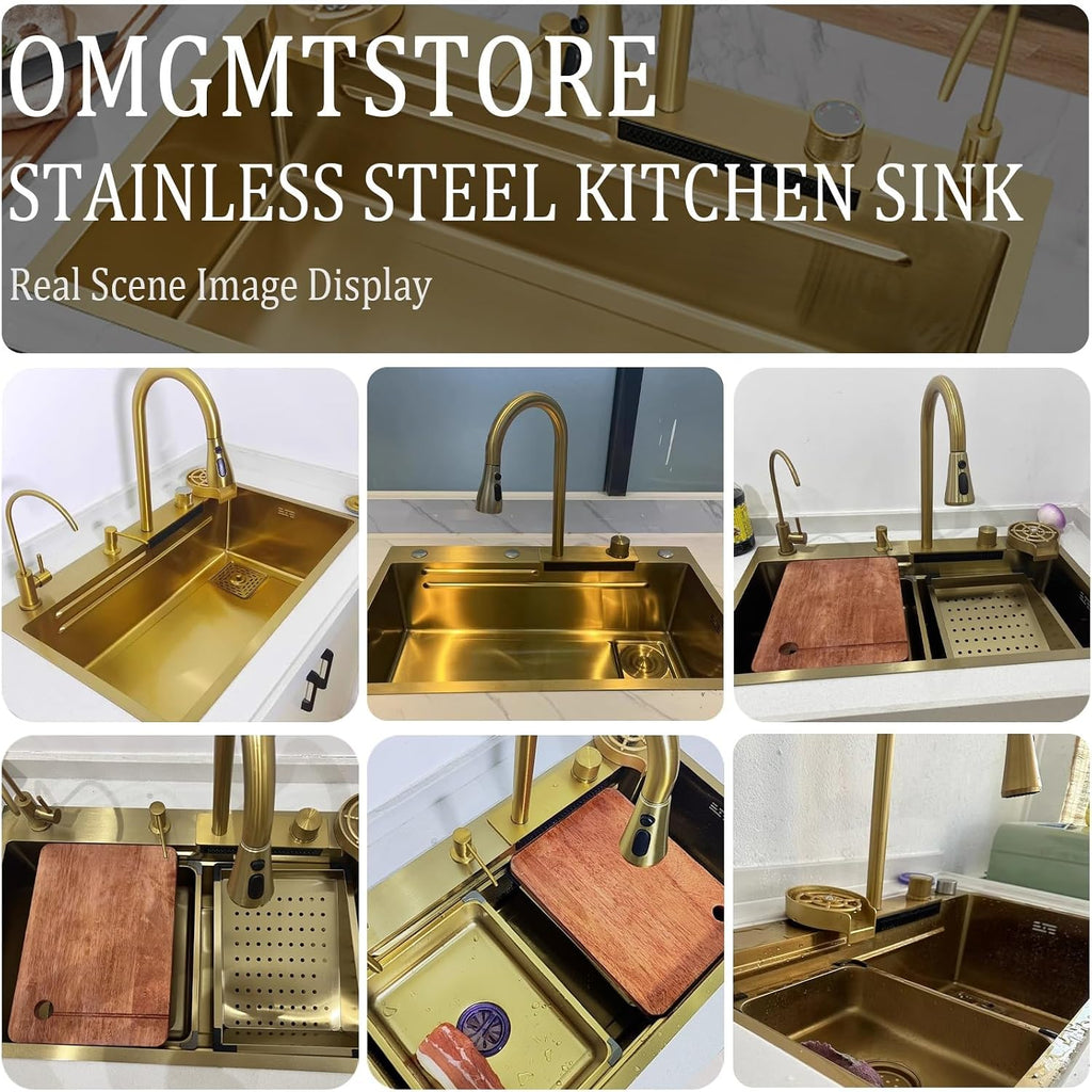 Waterfall Kitchen Sink Workstation Nanometer Waterfall Topmount Sink Stainless Steel Bar Sink Multifunction Single Bowl Kitchen Sink with Faucet Combo & Dra(Gold-68x45x22cm