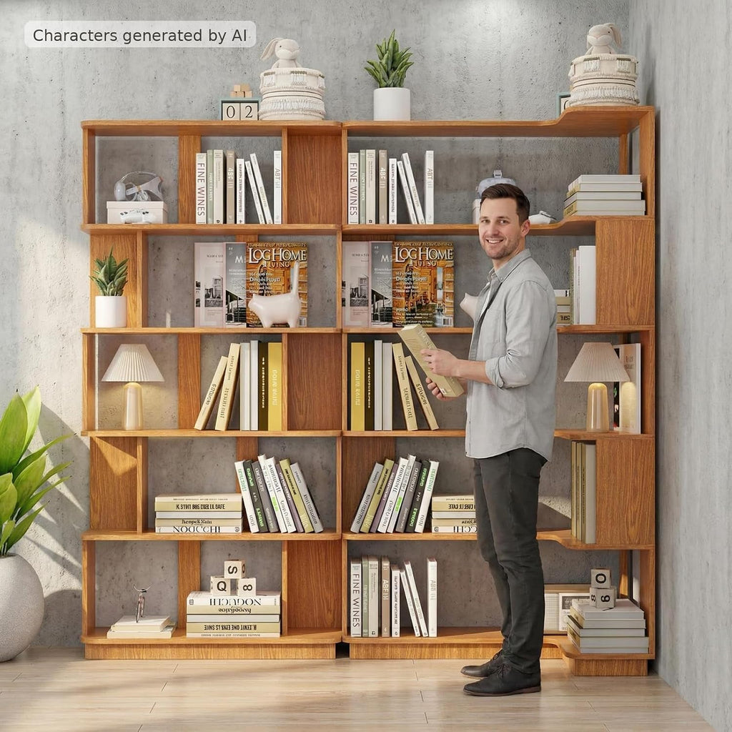 Corner Bookshelf, L Shaped, Set of 2, Dark Oak | Modular Geometric Design, Large Storage Display, Freestanding Wooden Unit, For Living Room Home Office