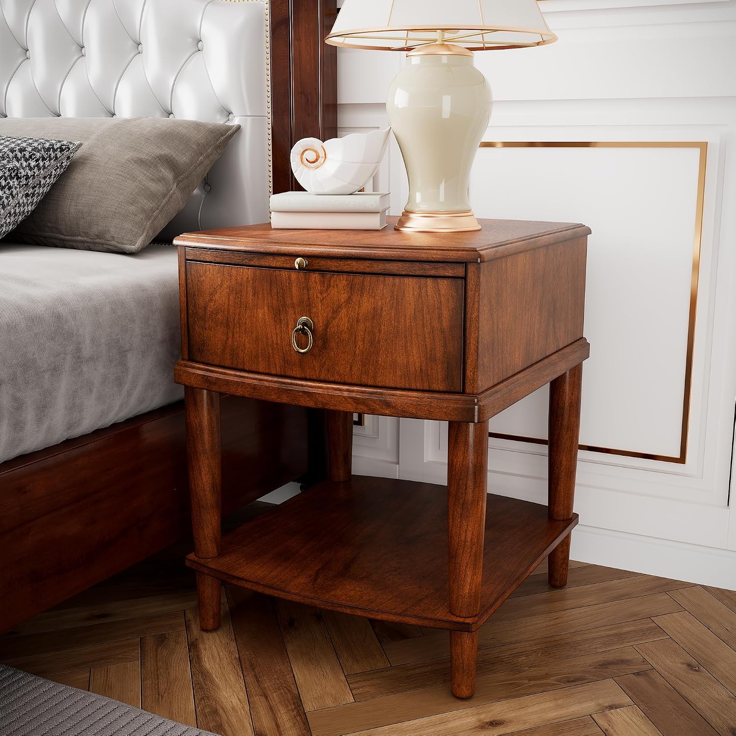 Farmhouse End Side Table with Pull-Out Tray And Storage Drawer, Sofa Beside Tables with Wood Leg, Nightstand, No-Tools Assembly 17.7'L x 19.7'W x 22.8'H for Living Room, Caramel Brown CJZ-A1569-MG