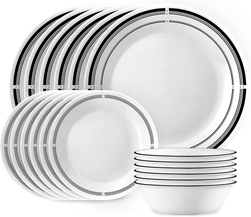 Corelle 18-Piece Dinnerware Set, Service for 6, Lightweight Plates and Bowls Set, Vitrelle Triple Layer Glass, Brasserie Collection, Lunch Plates Included