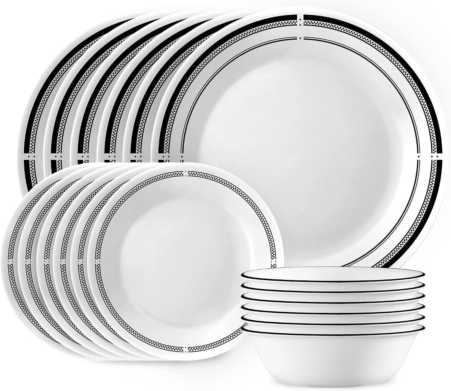 Corelle 18-Piece Dinnerware Set, Service for 6, Lightweight Plates and Bowls Set, Vitrelle Triple Layer Glass, Brasserie Collection, Lunch Plates Included