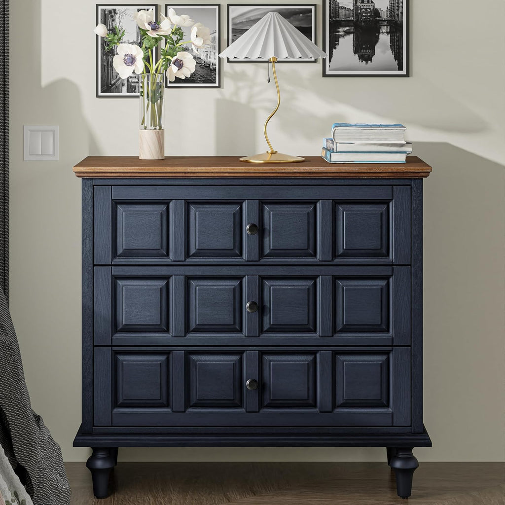 Aoikax Retro 3 Drawer Dresser with Plaid Pattern Front, Rustic Nightstand with Storage Chest for Bedroom, Living Room, Pine Wood, Aluminum Handle, Natural Wood, Dark Blue