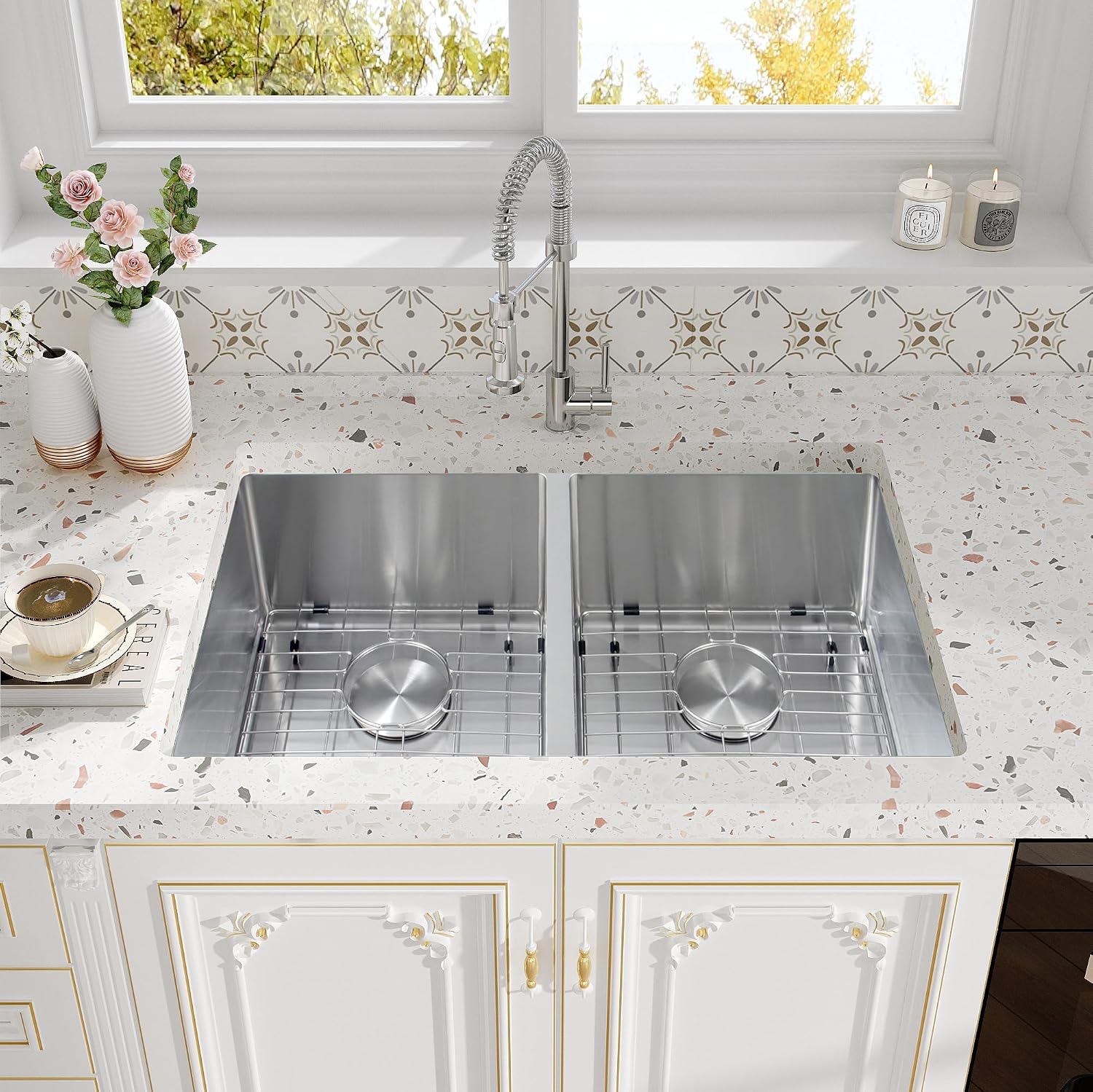 Rhbamoa 30 Inch Undermount Double Sink,16-Gauge T304 Stainless Steel Kitchen Sink 30'' x 18'',50/50 Double Bowl Kitchen Sinks Undermount with Accessories,9 Inch Deep Sinks with Brushed Finish