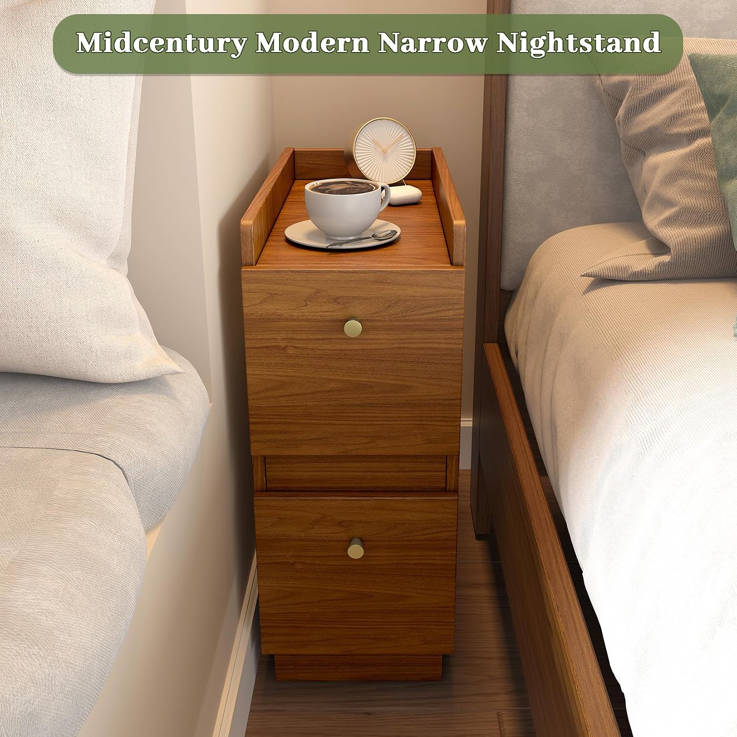 Narrow Night Stands, Modern Slim Nightstand Set of 2, Wooden Skinny Bedside Table 2 Drawers, Stackable Narrow Side Table with Drawers for Small Spaces, Bedroom, Living Room, Walnut Brown