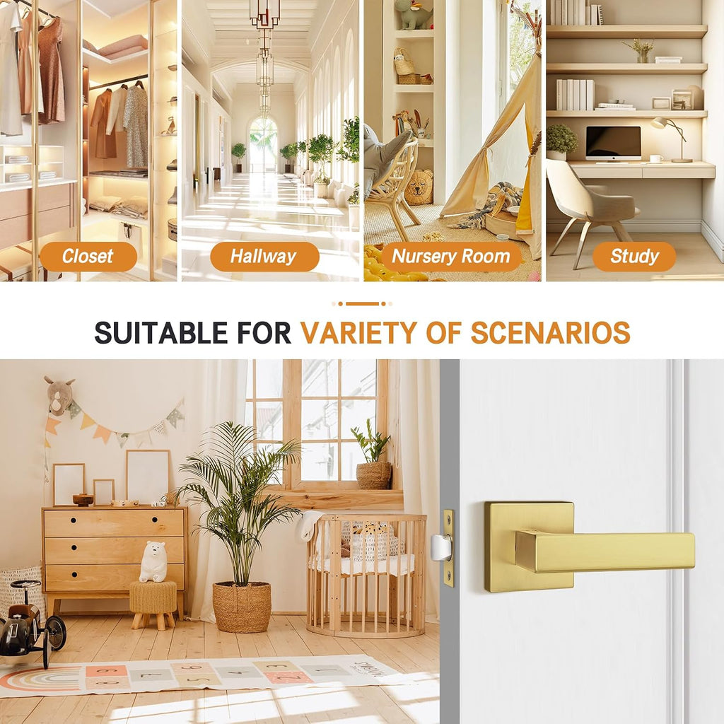 Probrico Interior Non-Locking Passage Door Handles 8 Pack, Gold Square Door Levers for Closet Hallway