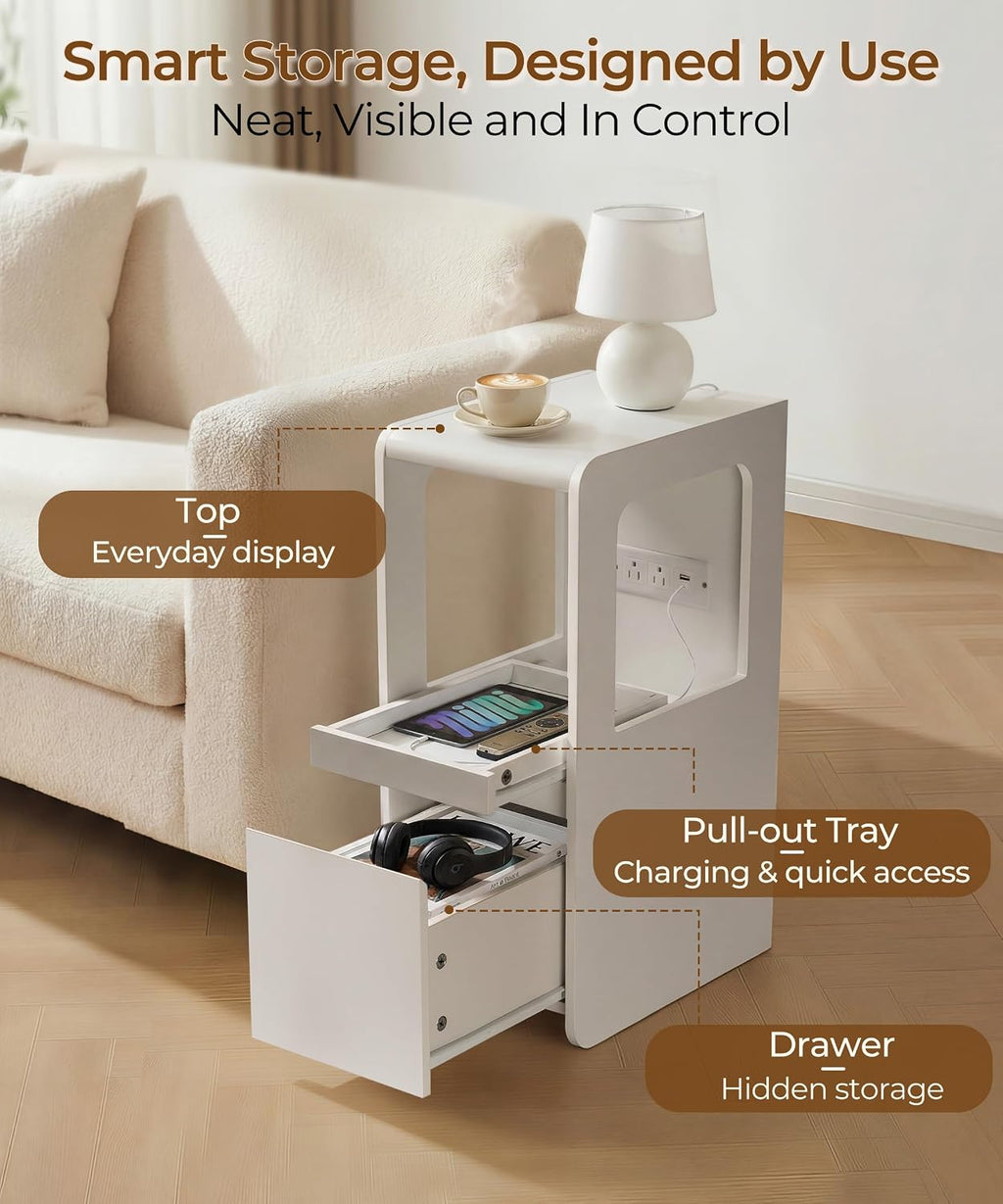 Narrow Side Table Small End Table with Charging Station White Skinny End Tables with Drawers Slim Wood Nightstand Modern Couch Sofa Side Tables Tray for Living Room Bedroom Small Spaces