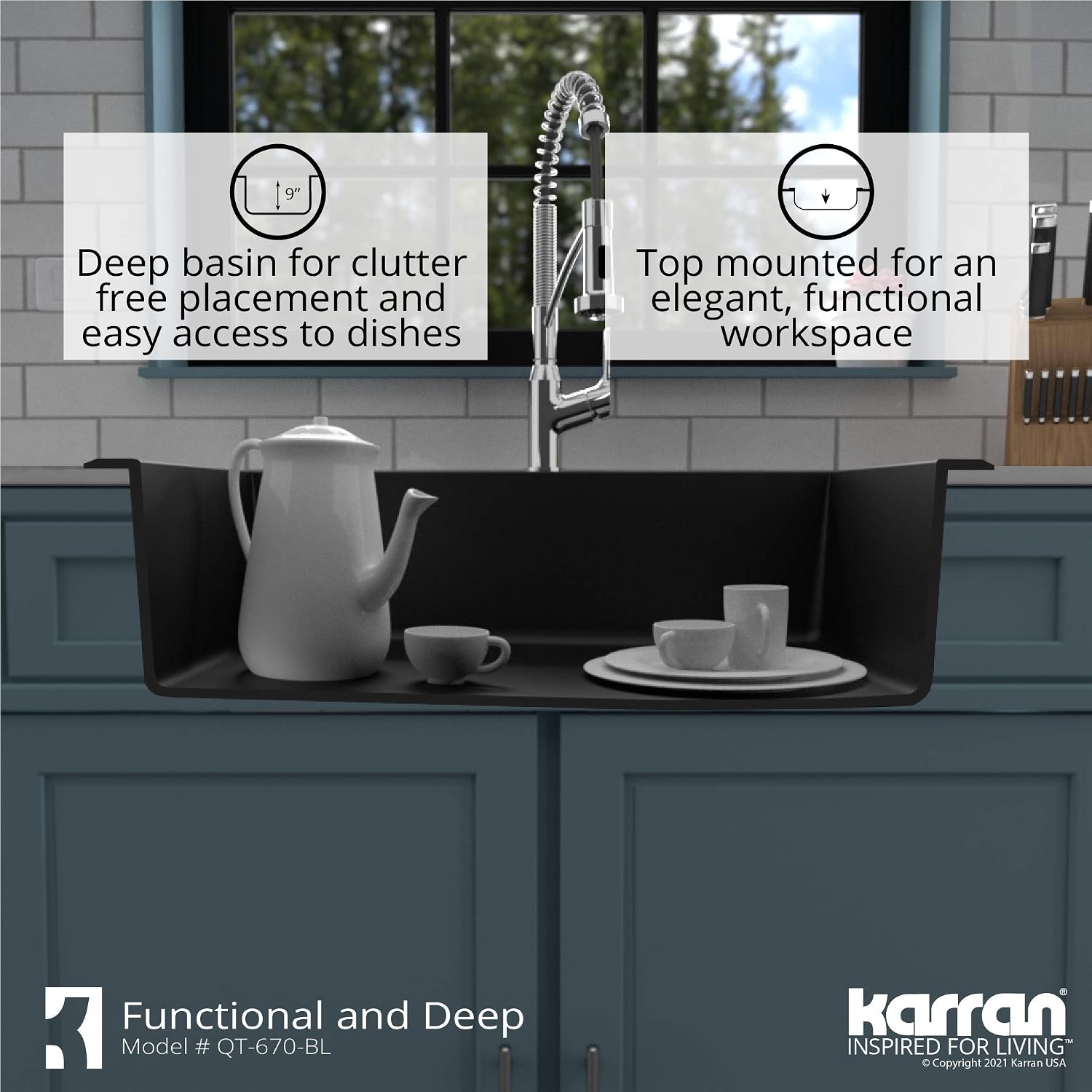 Karran QT-670 Drop-In/Top Mount 33' Single Bowl Granite Quartz Composite Kitchen Sink in Black Right Side Drain, Extra Deep 9' Basin, Heat & Scratch Resistant, Sound Dampening