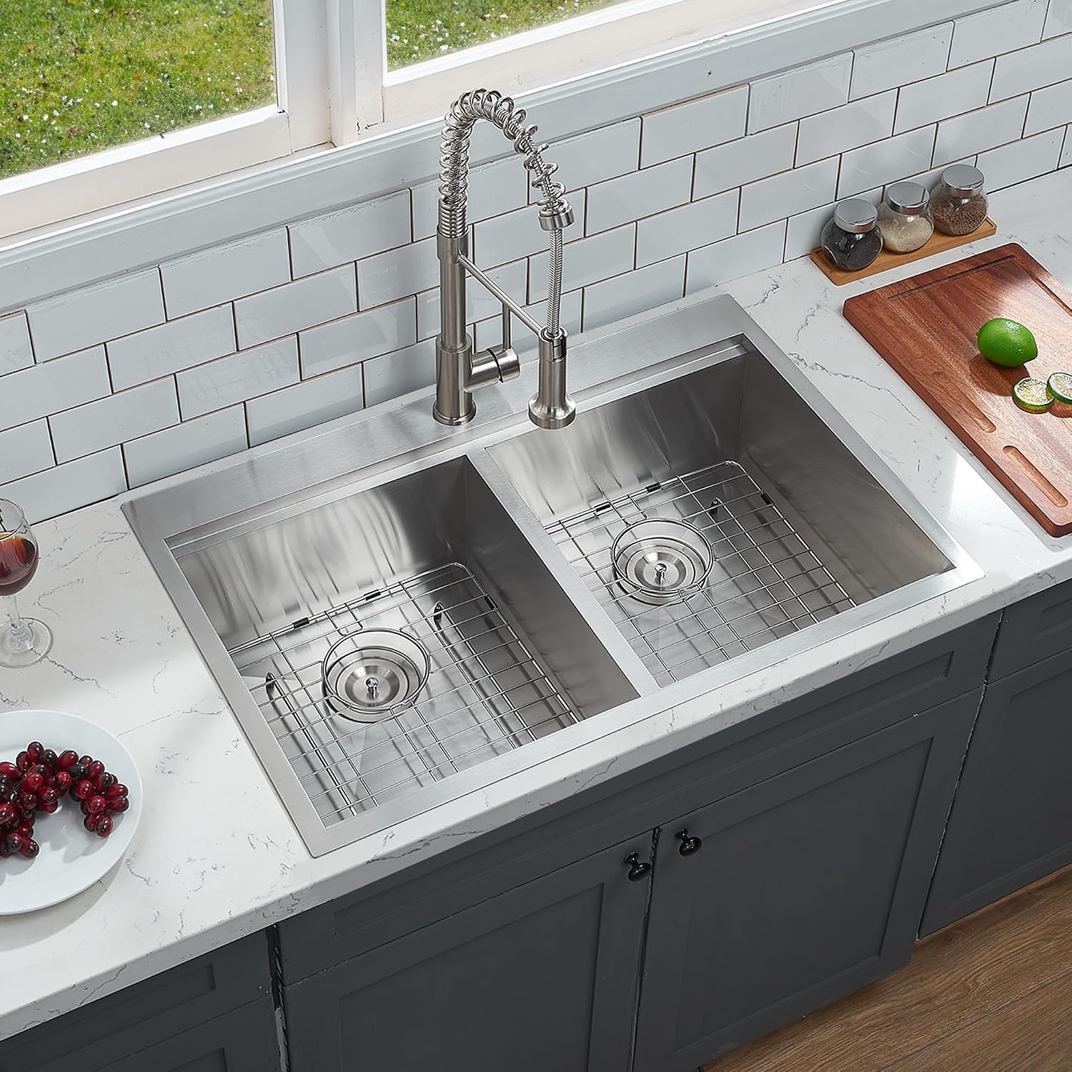 IKEBANA 33 x 22 Inch Double Bowl Kitchen Sink Drop in, Brushed Nickel 16 Gauge Stainless Steel Topmount 50/50 Double Basin Workstation Kitchen Sink with Accessories