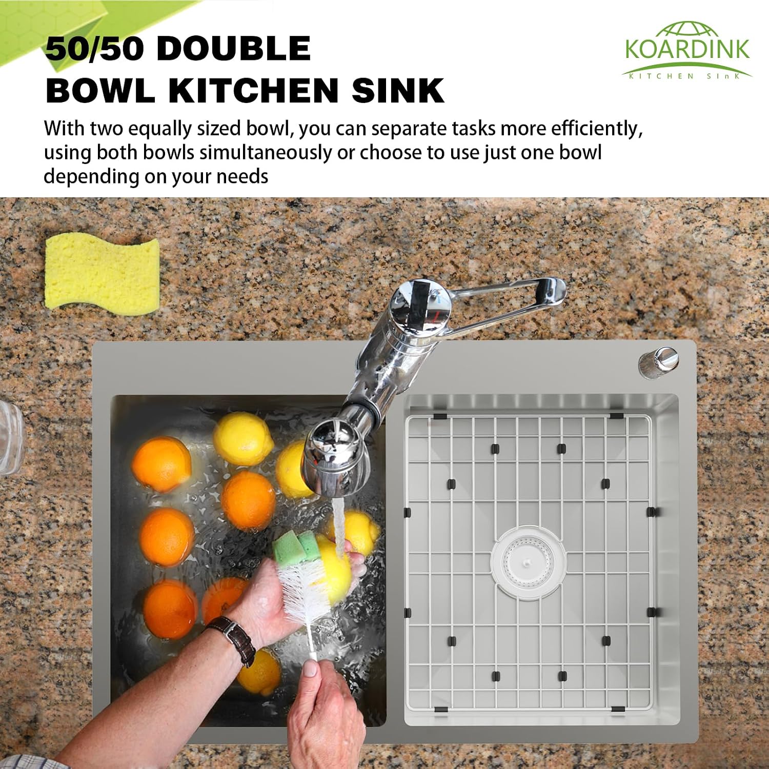 Stainless Steel 50/50 Double Bowl 33x22x9 Inch Drop In Kitchen Sink - Topmount Modern Style, Combo-Sink Grid, Silicon Mat, Drain Assembly