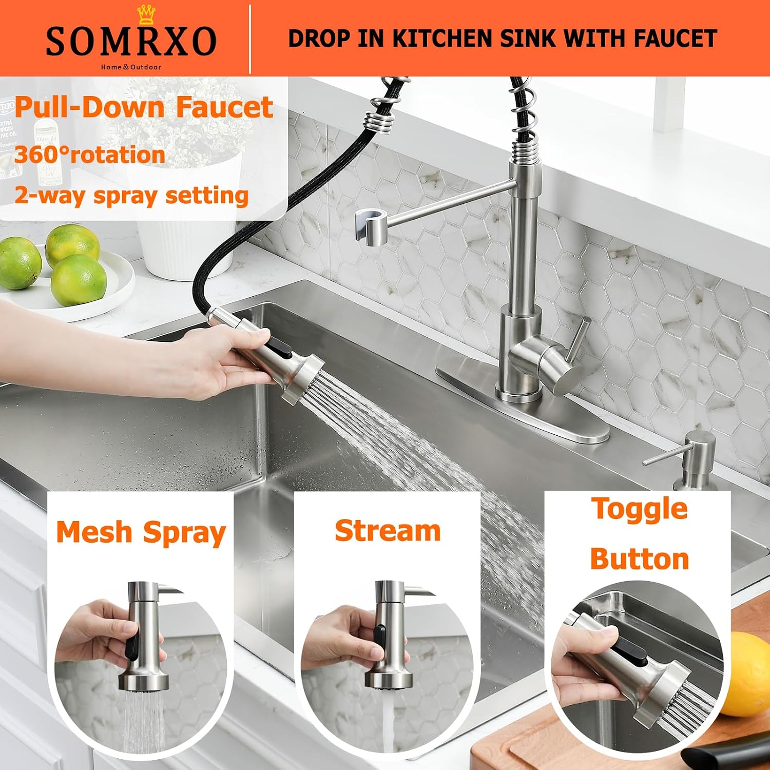 30 Inch Drop In Kitchen Sink with Faucet Combo - Stainless Steel Drop In Sink with Cup Washer, 9 Inch Deep Single Bowl Kitchen Sinks and Faucets Combo Set,Top Mount Design for Modern Kitchens