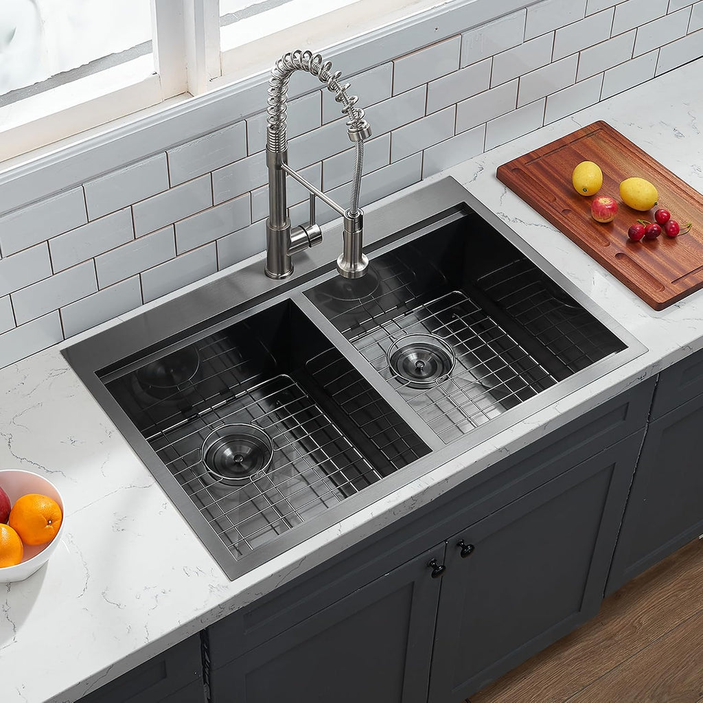 33x22 Double Bowl Kitchen Sink 33 Inch Black, Stainless Steel Drop in Double Basin Kitchen Sink, Topmonut 50/50 Kitchen Sinks Workstation Sink with Accessories