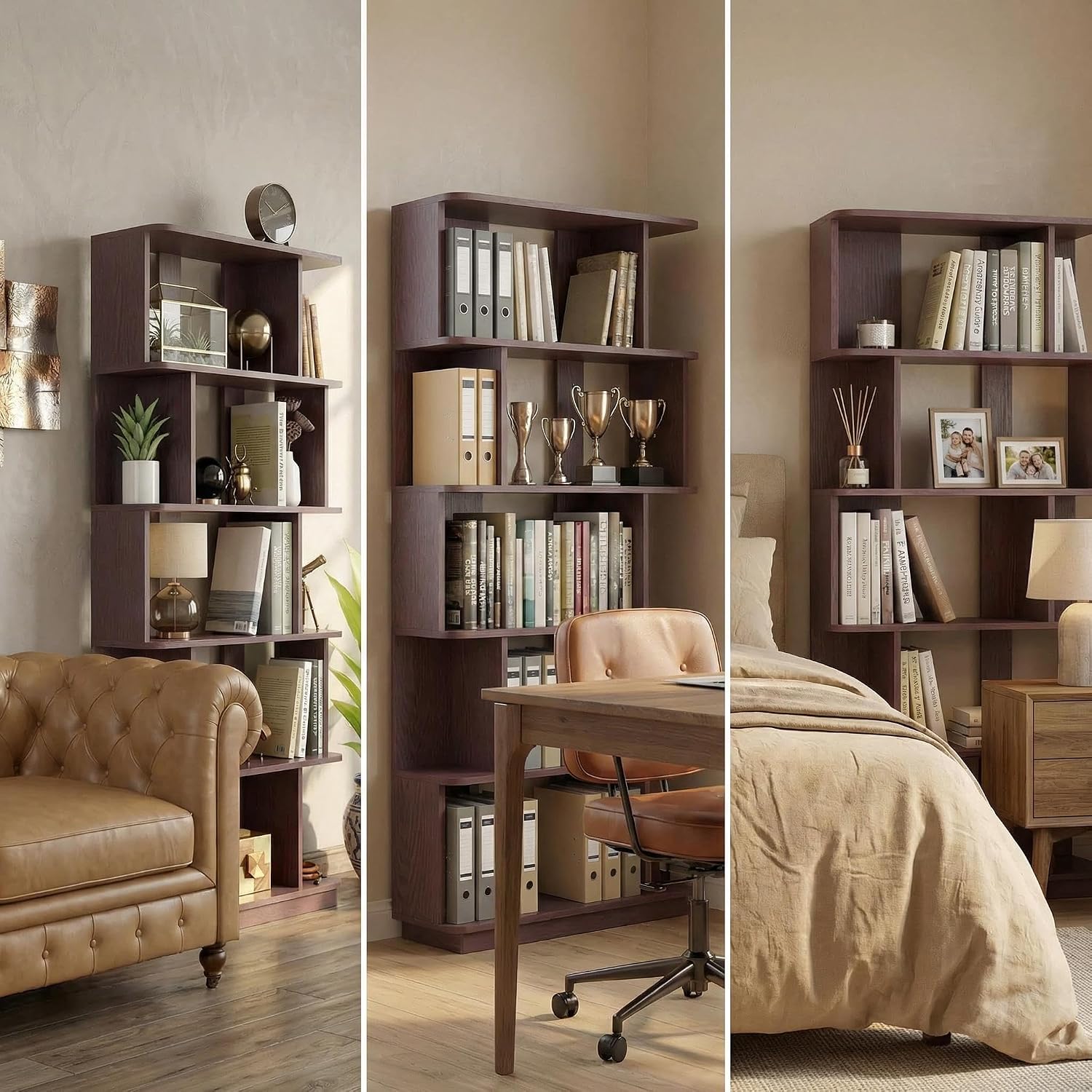 5-Tier Tall Bookshelf, Narrow Wood Bookcase, Ox Blood Red | 64.56' freestanding open display shelf for books, décor, and storage in living rooms, bedrooms, or home offices