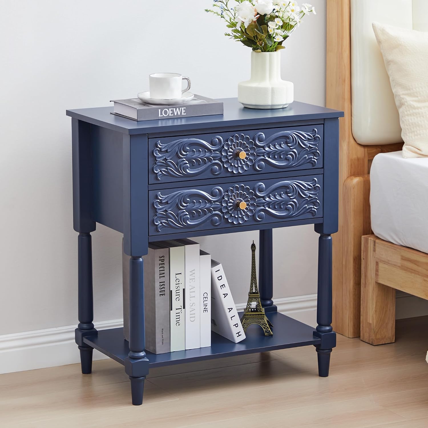 Nightstand, Farmhouse Bedside Table with 2 Drawers and Open Shelf, Wood Sofa Side Table End Table Accent Dresser for Bedroom, Living Room (with Shelf, Blue)