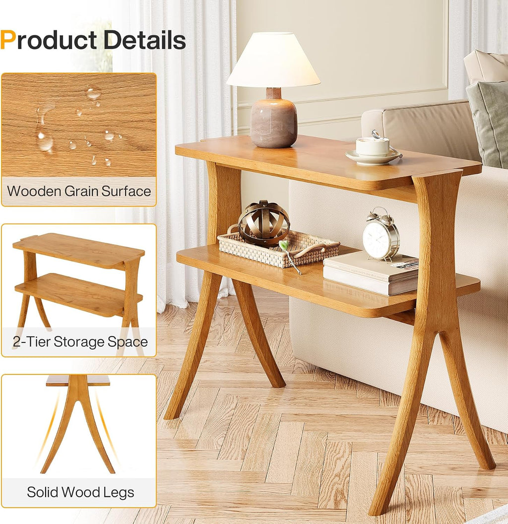 Tribesigns Narrow Side Table Set of 2, Farmhouse End Table with 2-Tier Storage Shelf and Solid Wood Legs, Slim Modern Bedside Table Nightstand for Bedroom, Living Room, Small Spaces, Brown(2)