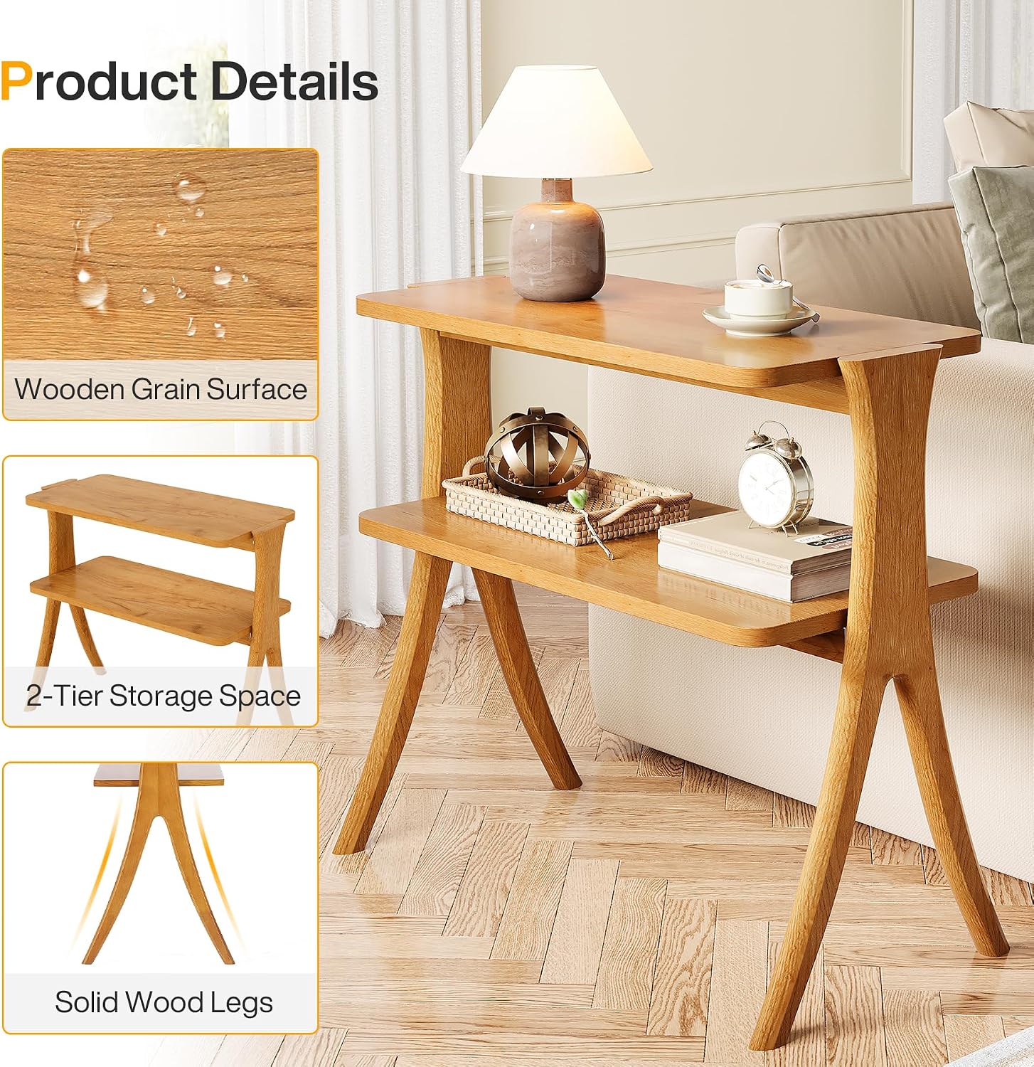 Tribesigns Narrow Side Table Set of 2, Farmhouse End Table with 2-Tier Storage Shelf and Solid Wood Legs, Slim Modern Bedside Table Nightstand for Bedroom, Living Room, Small Spaces, Brown(2)