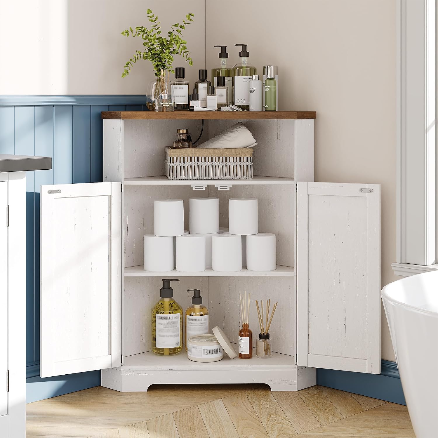 Vabches Small Corner Cabinet with Charging Station,Farmhouse Kitchen Corner Storage Cabinet with Barn Doors and Adjustable Shelves for Many Corner,Like Bathroom,and Kitchen