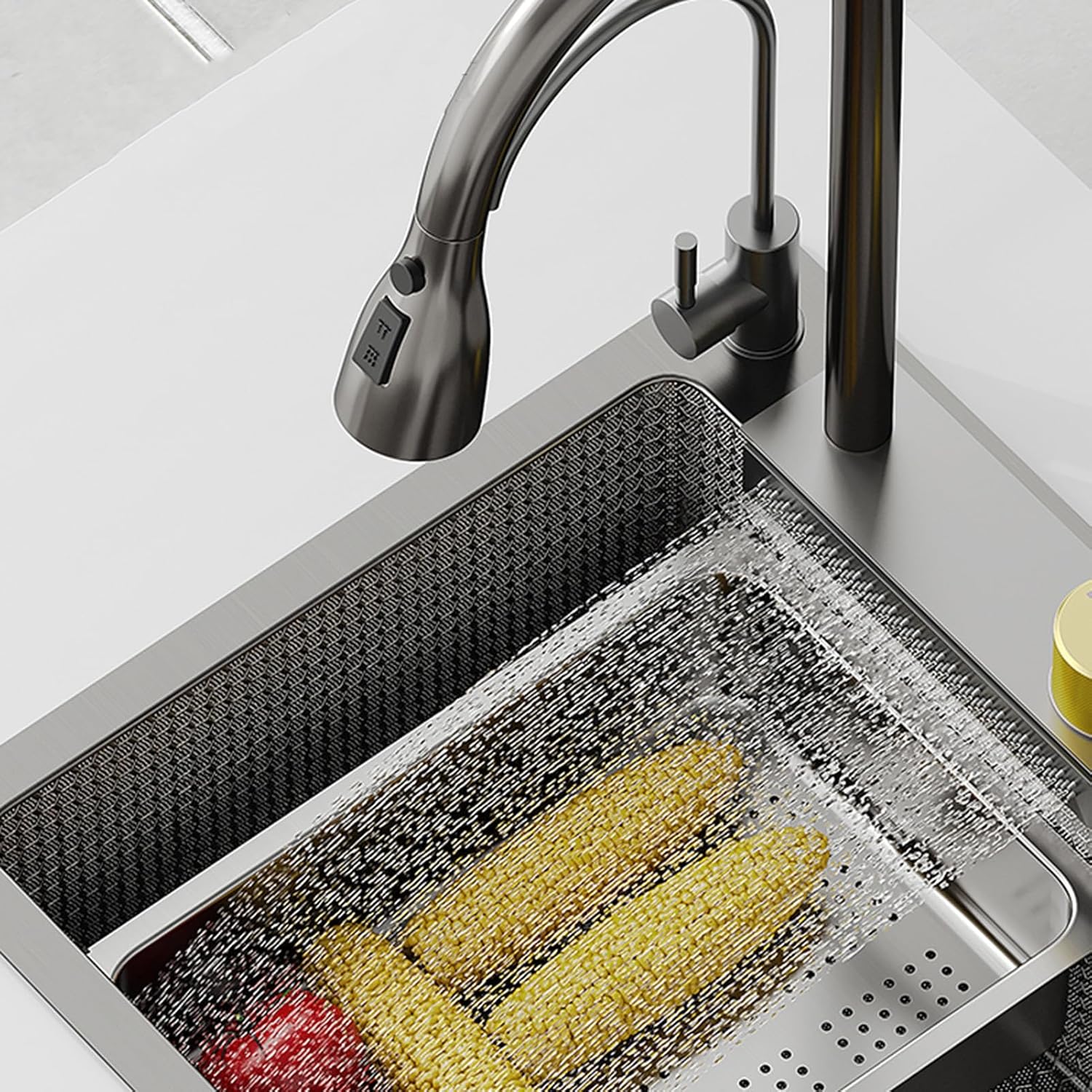 Single Bowl Kitchen Sink with Stainless Steel Sink with Waterfall Waterfall Water Left with Knife Box with Pull-Out Tap (A-68x45CM