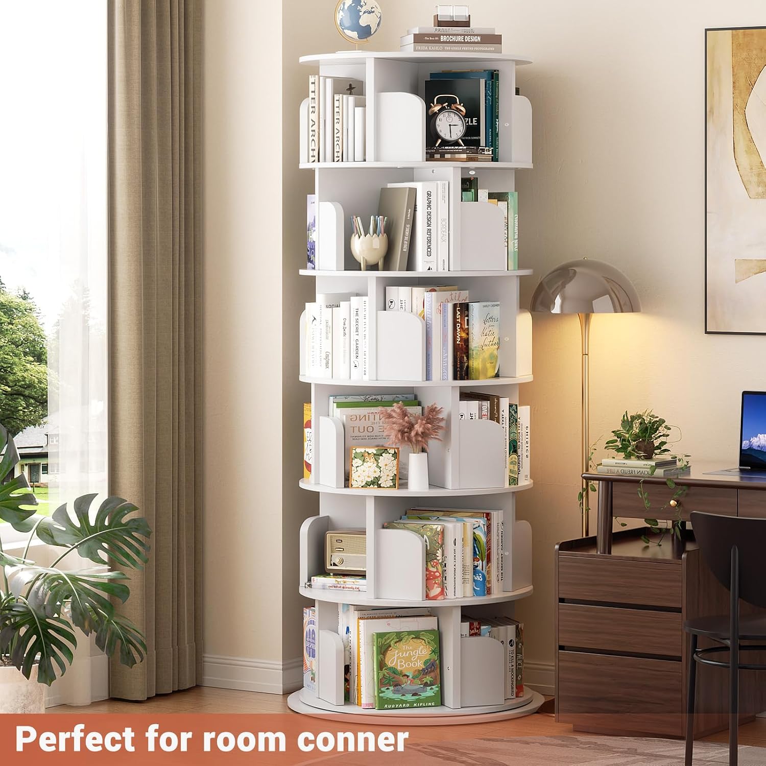 Besiost Rotating Bookshelf Tower, 6 Tier Spinning Bookcase, Revolving 360 Book Shelf Narrow Tall Bookcase, Vertical Turning Round Bookshelf Organizer, Wood Corner Bookshelf for Small Space, White