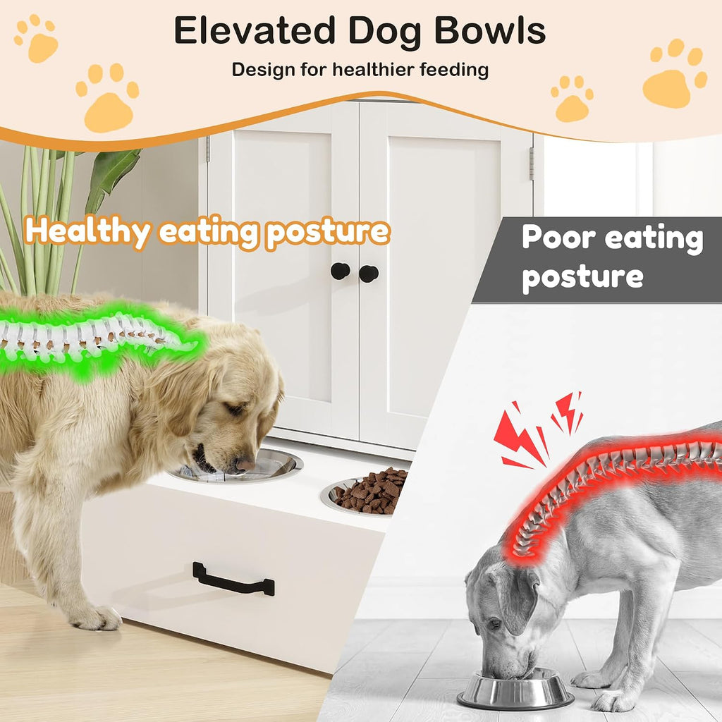 Dog Feeding Station with 2 Elevated Dog Bowls, Food Storage with Adjustable Shelf and Sliding Drawer, Hidden Pet Feeder Station for Cats and Dogs, White