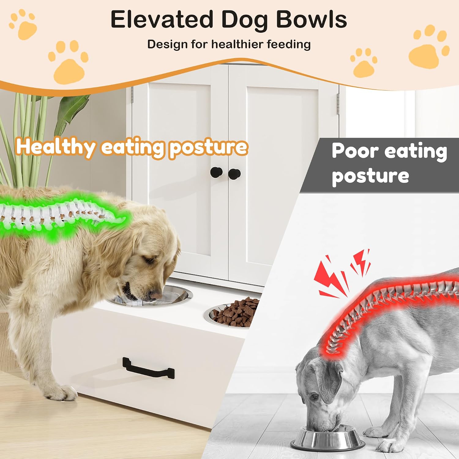 Dog Feeding Station with 2 Elevated Dog Bowls, Food Storage with Adjustable Shelf and Sliding Drawer, Hidden Pet Feeder Station for Cats and Dogs, White