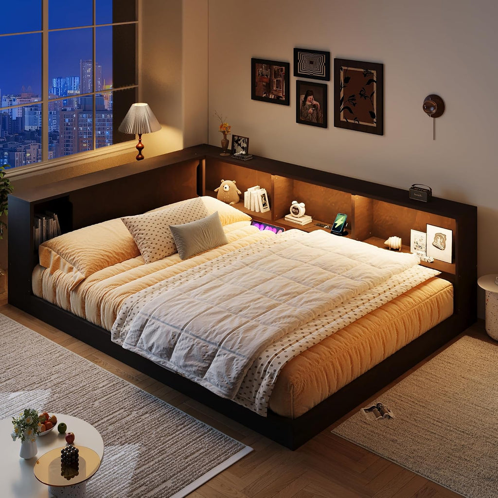 Merax Queen Size Daybed Frame with Storage Shelves for Kids, Teens or Adults, Wooden Corner Bed Sofa Bed with USB Ports and LED for Living Room or Bedroom, No Slat, Brown
