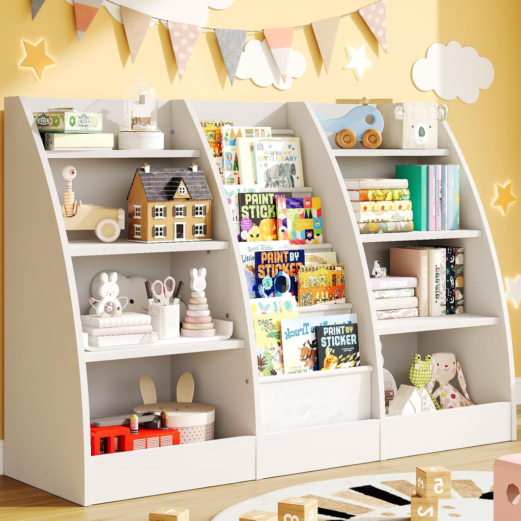 4 Tier Kids Bookshelf, 4 Layer Sling Kids Book Shelf for Kids Rooms, XL Wood Children Bookcase,Baby Storage Book Rack,Toddler Bookshelf, Book and Toy Organizer,Book Display Shelf for Bedroom, Nursery