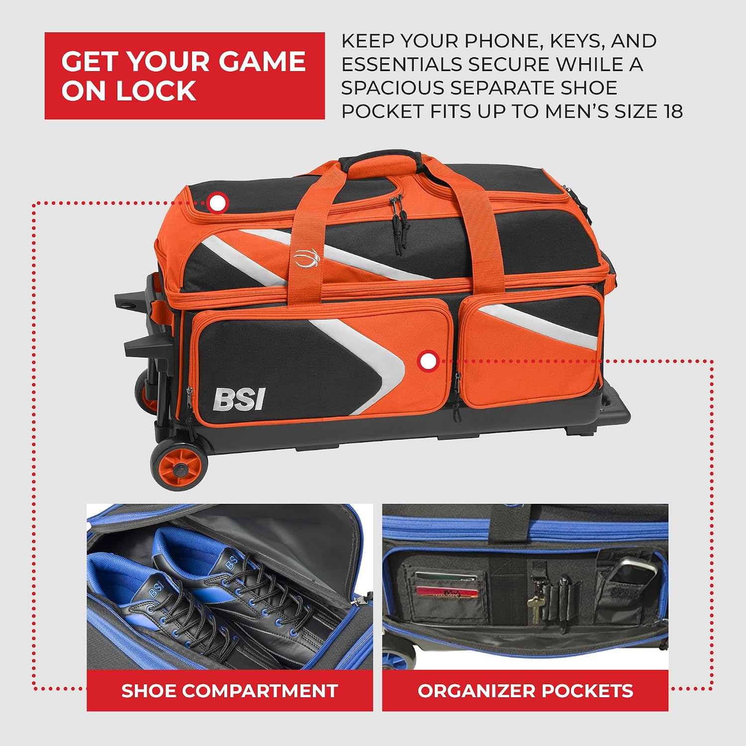 BSI Dash Roller Bowling Bag with Smooth Rolling Wheels, Padded Ball Compartment, Retractable Locking Handle, & Shoe Pocket