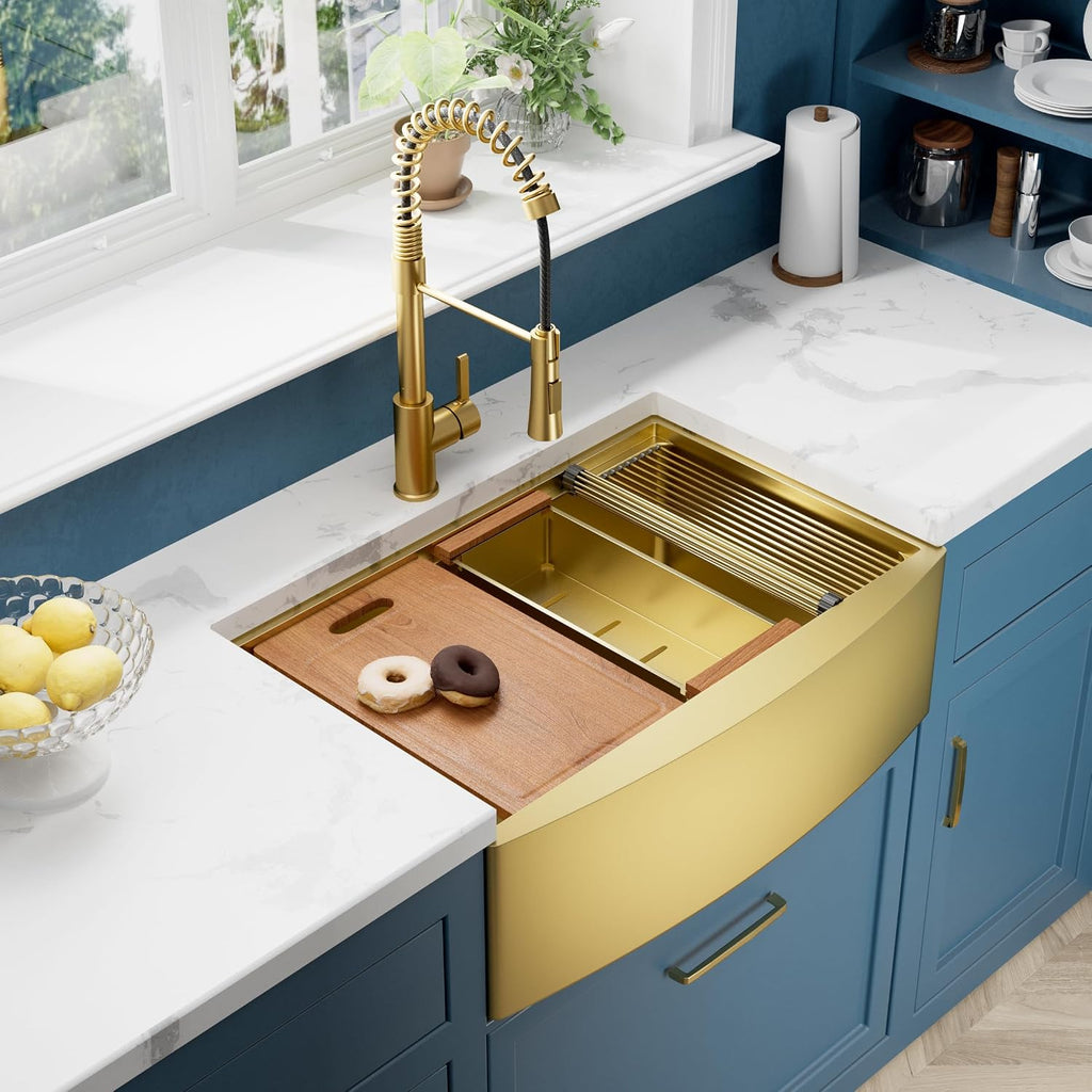 30' Luxury Gold Farmhouse Sink – ALWEN 16 Gauge Workstation Apron Front Sink, 10' Depth Single Bowl with R10 Radius & Accessories