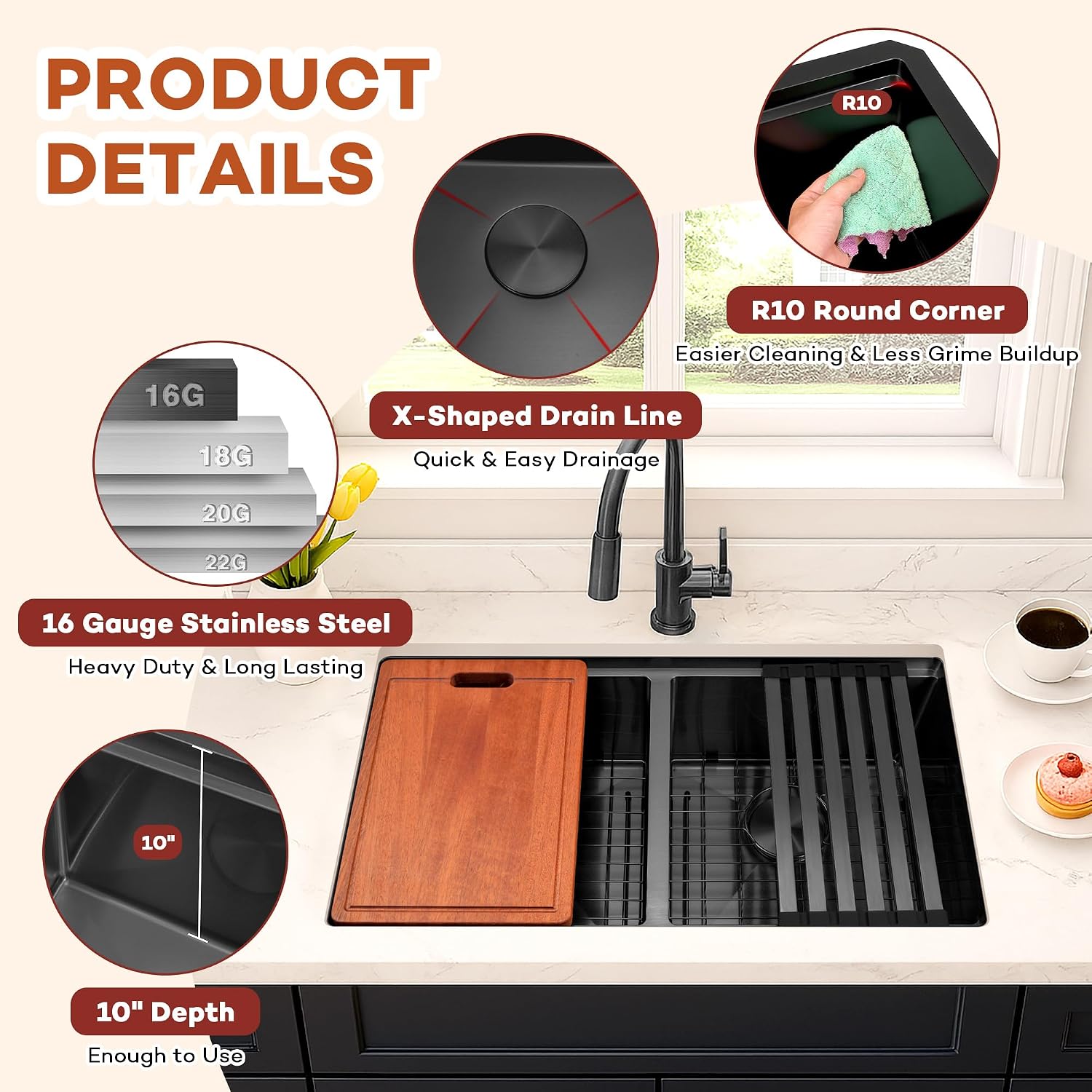 LQS Black Stainless Steel Kitchen Sink, 30 Inch Undermount Kitchen Sink, 50/50 Black Undermount Kitchen Sink with 10' Depth, X-Shaped Drain Line, Dual Mount Design and Round Corner