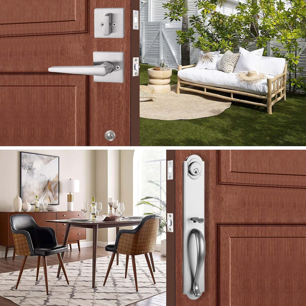 Front Door Handle Double Door Lock Set with Camelot Trim in Satin Nickel, Entrance Handle Set with Deadbolt and Lever, X-2018SET