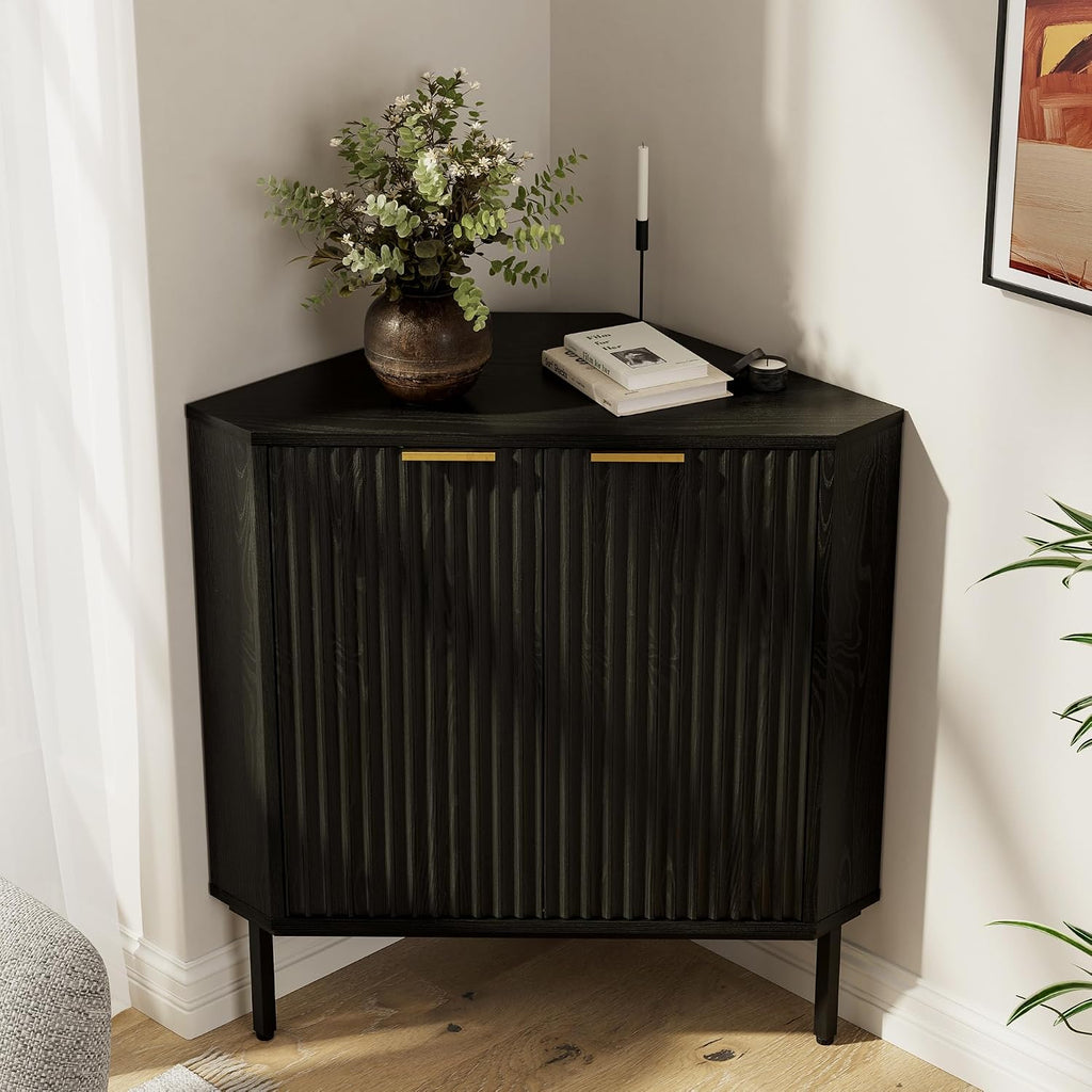 Modern Fluted Corner Cabinet, Small Floor Storage Cabinet with Adjustable Shelf & Metal Legs, Wooden Freestanding Narrow Organizer for Living Room Kitchen, Black