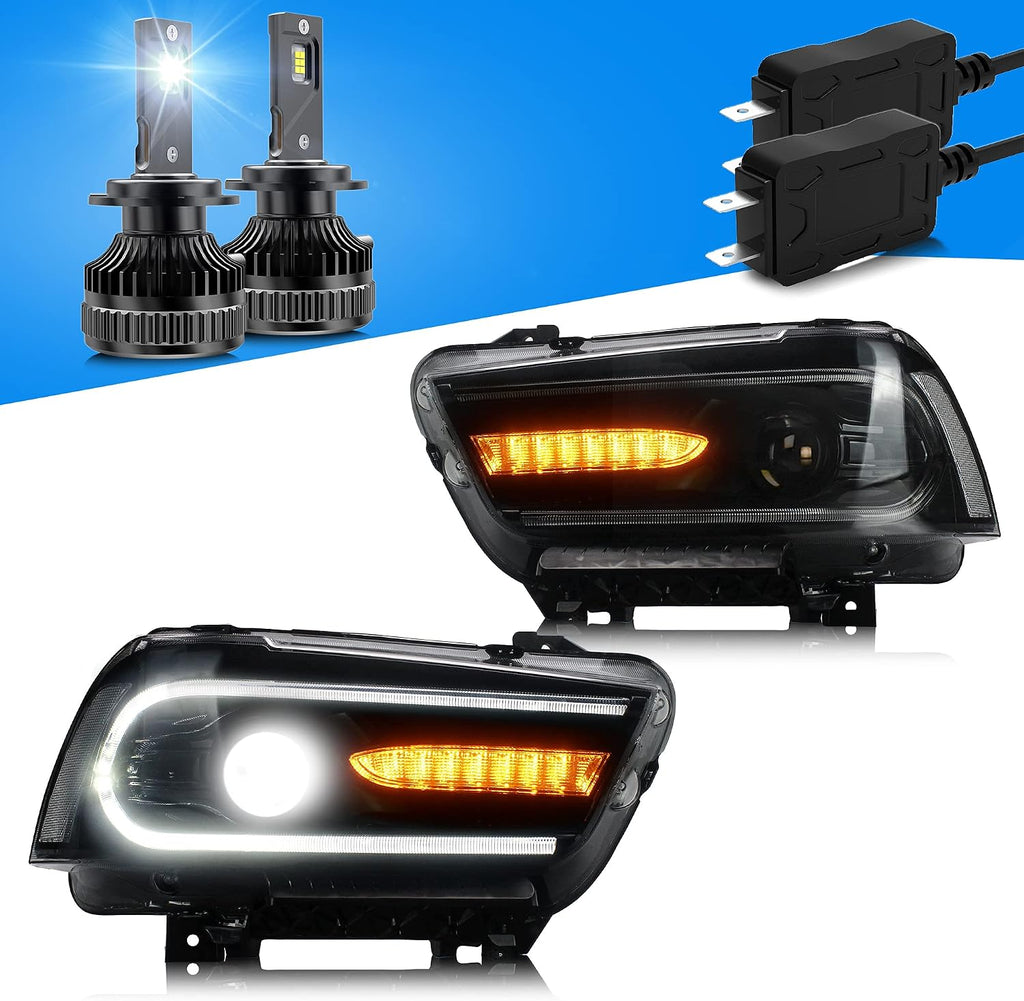 VLAND Projector Headlights + D2S Led Bulbs Compatible with Dodge Charger 2011-2014 (Not Fit 2012 Charger SE) w/Sequential Indicator Passenger+ Driver Sides+Bulbs