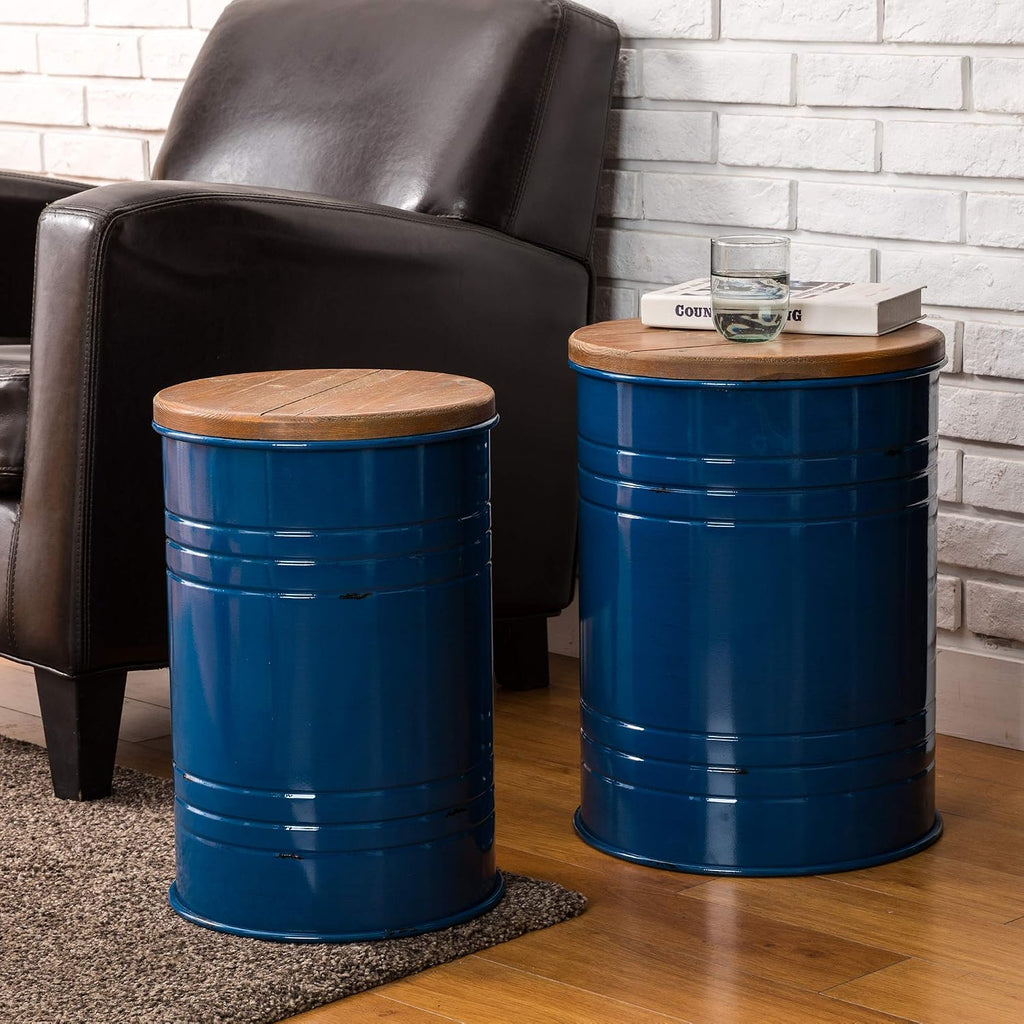 Glitzhome 4-Piece Galvanized Side Table Set, Metal Farmhouse Barrel Toy Box Bins with Round Wood Lid, Rustic Ottoman Seat Stool with Large Storage Space, for Living Room, Bedroom,Nary Blue