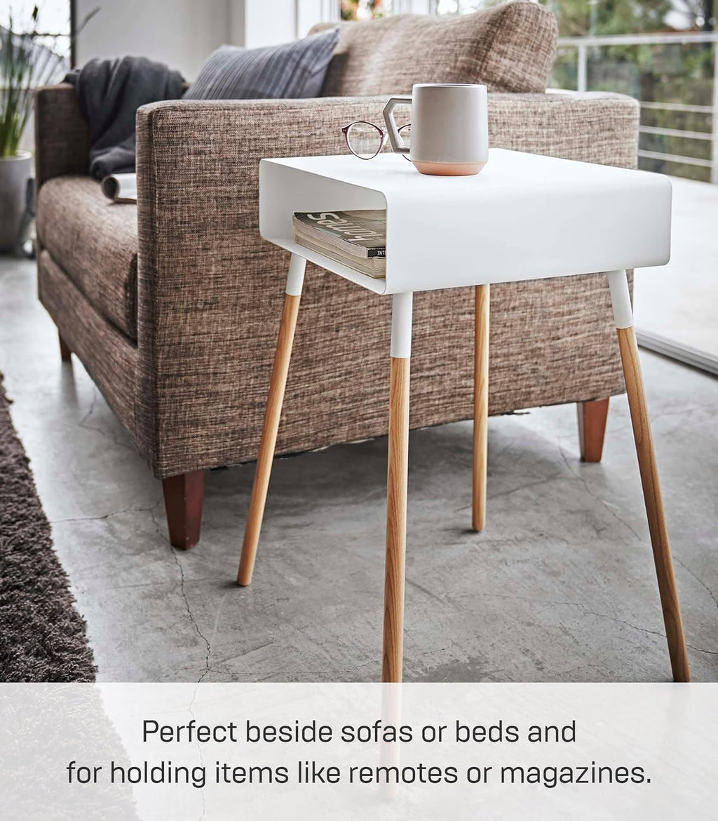 YAMAZAKI Home Plain Side Table with Open Storage Shelf, Rectangular Accent Space Saving Living Room Bedroom Couch End Table - Tall, 23' - Steel + Wood