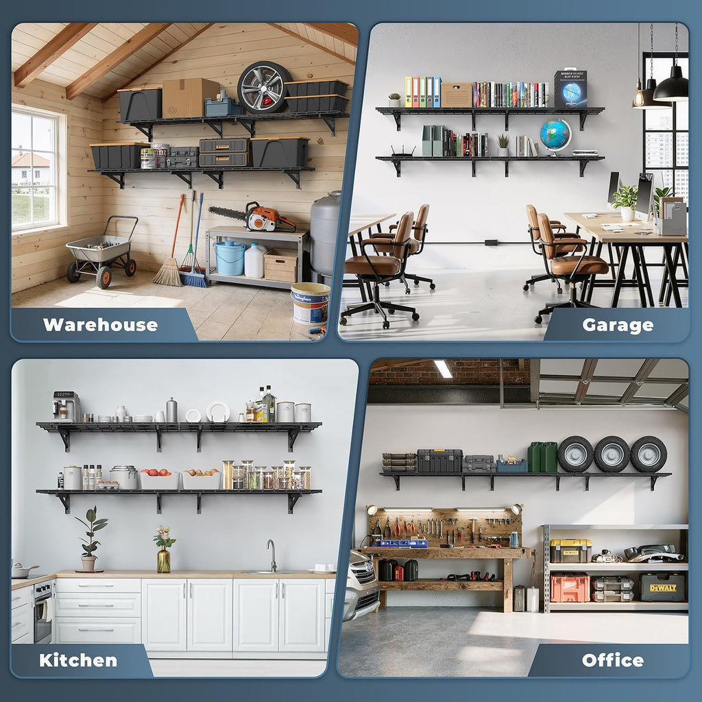 Jusgym 4 Pack Heavy Duty Garage Wall Shelving Set (1.5x4ft), Wall Mounted Garage Shelves 1400lbs Capacity, 18'x96' Shelf Storage Rack Floating Shelves, Black