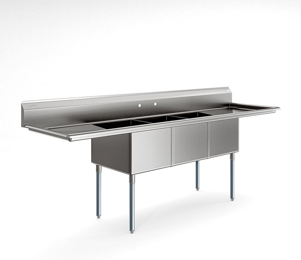 KoolMore 102 in. Three Compartment 18-Gauge Stainless-Steel NSF Commercial Kitchen Sink, Bowl Size 18x24x14, with Three Basins for Washing and Rinsing Dishes with Two Drainboards (KM-SC182414-24B3)