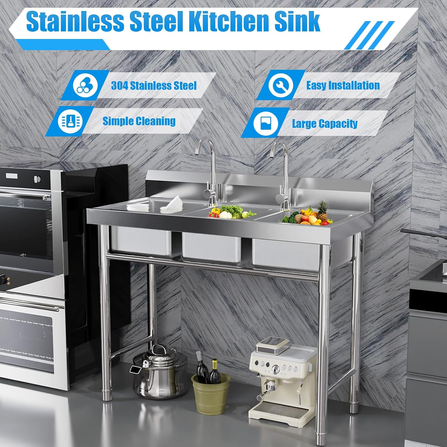 3-Compartment Commercial Sink, 304 Stainless Steel Utility Sink with 2 Faucet, Free Standing Triple Bowl Kitchen Sink for Restaurant, Garage, 18'D x 39'W x 35.8'H