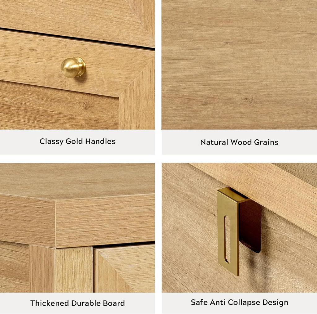 EYYTHUNG 3 Drawer Dresser Set of 2 for Bedroom, Modern Chest of Drawers with Golden Handles, Large Wood Nightstand, Storage Dresser Cabinet Side Table for Living Room, Hallway, Natural Oak