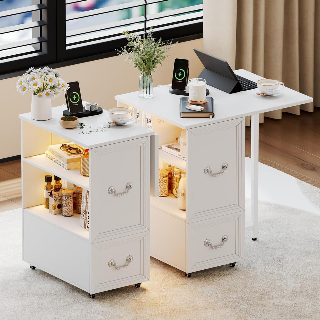 Dystler Side Table Set of 2 with Charging Station and LED Lights, 27.5' Tall Rolling End Table with Drawers and Shelves, Narrow Nightstand with Wheels for Small Space, Living Room, Bedroom, White
