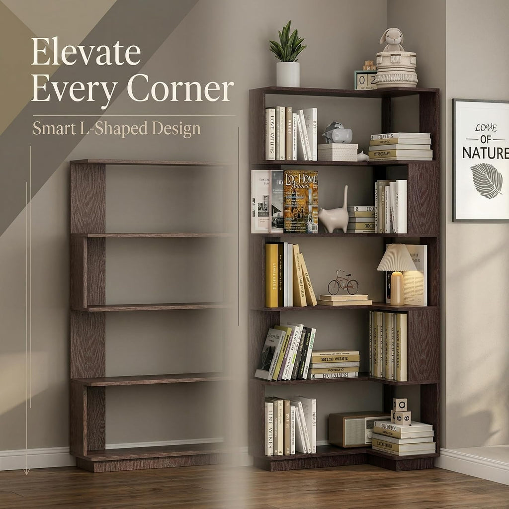 6 Tier Corner Bookshelf, Freestanding L-Shaped Wooden Bookcase with Open Shelves, Anti-Fall Panels and Anti-Tipping Device for Living Room, Home Office (Ox Blood Red with Left Extension)