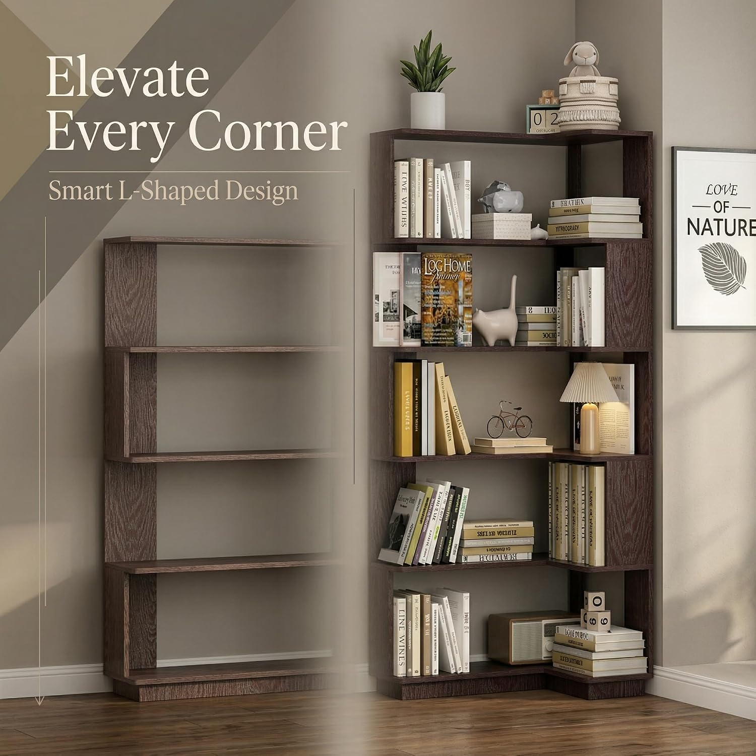 6 Tier Corner Bookshelf, Freestanding L-Shaped Wooden Bookcase with Open Shelves, Anti-Fall Panels and Anti-Tipping Device for Living Room, Home Office (Ox Blood Red with Left Extension)