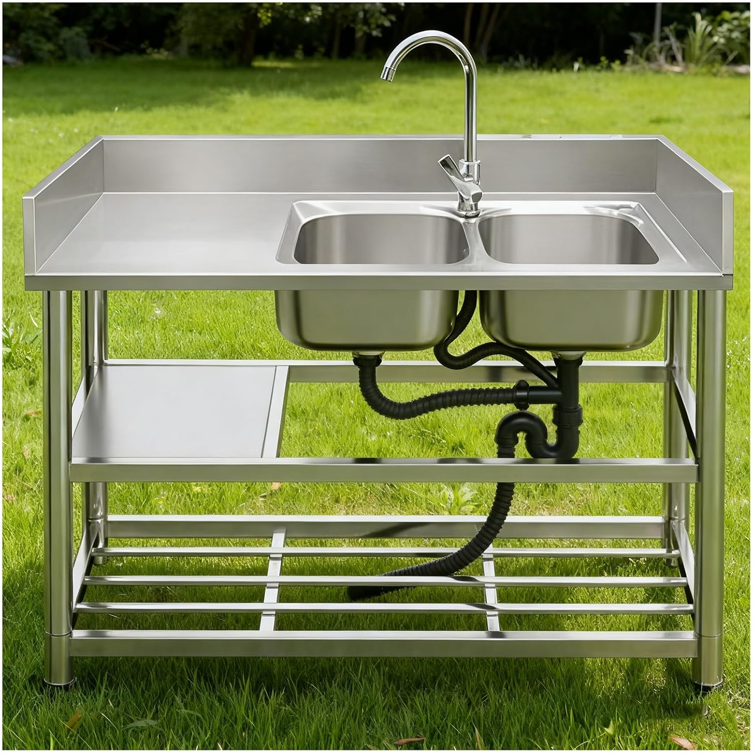 Stainless Steel Sink Double Basin Design Triple-Welded Edges H80cm (31.5') Kitchen Sinks Brushed Finish Monocoque Construction Reinforced Beam Small Radius Corners(Right basin-47.2x19.7x31.5')